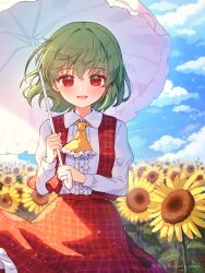 1girl :d artist_name ascot blue_sky blush center_frills collared_shirt commentary_request cowboy_shot day field flower flower_field frilled_ascot frilled_skirt frills green_hair highres holding holding_umbrella kazami_yuuka long_sleeves looking_at_viewer nene_man open_clothes open_mouth open_vest outdoors plaid_clothes plaid_skirt plaid_vest red_eyes red_skirt red_vest shirt short_hair skirt sky smile solo sunflower sunflower_field touhou twitter_username umbrella vest white_shirt white_umbrella yellow_ascot
