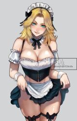 1girl alternate_costume arialla_draws armpit_crease blonde_hair blue_eyes breasts cleavage clothes_lift corset cowboy_shot enmaided fantastic_four frills grey_background grin hair_intakes highres large_breasts lifting_own_clothes looking_at_viewer maid maid_headdress marvel marvel_rivals parted_lips signature simple_background skirt skirt_lift smile solo sue_storm thigh_strap thighs wrist_cuffs