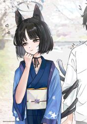 1boy 1girl absurdres animal_ear_fluff animal_ears black_eyes black_hair blue_archive blue_halo blue_kimono blush cat_ears cat_girl cat_tail cherry_blossoms closed_mouth halo highres holding_another&#039;s_arm japanese_clothes kikyou_(blue_archive) kimono multiple_tails obi parted_bangs sash sayybils shirt short_hair smile tail tail_wrap two_tails white_sash white_shirt