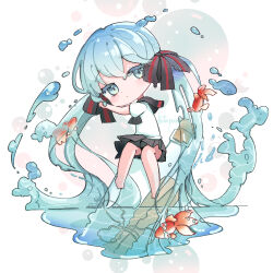 1girl aqua_eyes artist_name black_ribbon black_sailor_collar black_skirt blush bottle bottle_miku commentary_request deformed fish full_body goldfish hair_between_eyes hair_ribbon hatsune_miku highres kotatsukarakita liquid_hair looking_at_viewer partial_commentary pleated_skirt ribbon sailor_collar school_uniform scroll serafuku shirt skirt solo twintails vocaloid water water_drop white_shirt