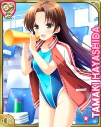 1girl :d bafre_arms bare_legs barefoot blue_one-piece_swimsuit brown_hair character_name day girlfriend_(kari) grey_eyes hayashida_tamaki indoor_pool indoors jacket long_hair looking_at_viewer official_art one-piece_swimsuit open_mouth pool poolside qp:flapper red_jacket smile sweater swimsuit tagme track_jacket