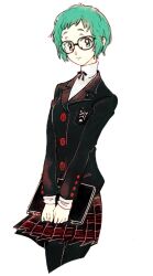 Rule 34 | 1girl, aqua hair, bespectacled, blazer, book, closed mouth, glasses, holding, holding book, jacket, looking at viewer, persona, persona 5, school uniform, shuujin academy school uniform, skirt, smile, solo, sutei (giru), yamagishi fuuka