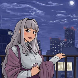 annko building cityscape cloud cloudy_sky collared_shirt full_moon grey_hair guard_rail hair_intakes holding holding_phone idolmaster idolmaster_(classic) light_blush long_hair looking_at_viewer moon night night_sky phone purple_eyes purple_ribbon purple_shawl ribbon shawl shijou_takane shirt sky skyscraper white_shirt