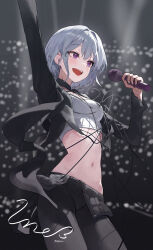 Rule 34 | 1girl, absurdres, arm up, black jacket, black pants, blurry, blurry background, breasts, commentary, crop top, hand up, highres, holding, holding microphone, ine (vtuber), jacket, long sleeves, mac star, medium breasts, microphone, midriff, navel, open clothes, open jacket, pants, purple eyes, shirt, short hair, solo, stomach, virtual youtuber, waktaverse, white hair, white shirt