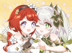 2girls bare_shoulders black_gloves black_hairband blue_eyes cheek-to-cheek commentary_request cross-shaped_pupils crossover detached_sleeves dotted_background dress flower genshin_impact gloves gradient_hair green_eyes green_hair hair_flower hair_ornament hairband heads_together heart heart_hands heart_hands_duo honkai:_star_rail honkai_(series) leaf_hair_ornament long_hair looking_at_viewer mechanical_wings mihoyo moco_(moco_8854) multicolored_hair multiple_girls nahida_(genshin_impact) one_eye_closed open_mouth pointy_ears red_hair short_hair side_ponytail smile symbol-shaped_pupils trait_connection tribbie_(honkai:_star_rail) two-tone_background white_dress white_hair wings