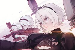1girl 2b_(nier:automata) absurdres black_blindfold black_dress black_hairband blindfold blue_eyes breasts cleavage cleavage_cutout closed_mouth clothing_cutout dress gloves hair_between_eyes hairband hatski.sin highres juliet_sleeves long_sleeves medium_breasts mole mole_under_mouth nier:automata nier_(series) pink_lips pod_(nier:automata) puffy_sleeves robot short_hair sword turtleneck upper_body weapon white_hair