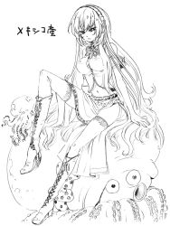 acm boots greyscale knee_boots legs long_hair long_skirt megurine_luka midriff monochrome octopus side_slit skirt solo vocaloid
