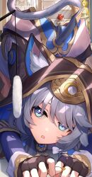 +_+ 3girls :o absurdres aglaea_(honkai:_star_rail) all_fours animal_ears animal_hood black_gloves blonde_hair blue_eyes cat_ears cat_girl cat_hood cat_tail cipher_(honkai:_star_rail) commentary_request fingerless_gloves gloves grey_hair head_wreath highres honkai:_star_rail honkai_(series) hood laurel_crown multiple_girls red_hair short_hair shumai_il solo_focus tail top-down_bottom-up tribbie_(honkai:_star_rail)