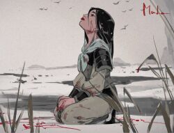 Rule 34 | 1girl, animification, asian, black hair, blood, blood on face, brown eyes, chinese clothes, fa mulan (disney), highres, long hair, looking at viewer, makeup, masso, mulan (movie), short hair, simple background, solo