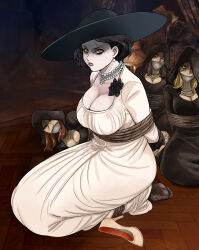 4girls absurdres alcina_dimitrescu bdsm bondage bound bound_together breasts cleavage dress gag glaring highres kneeling large_breasts large_hat looking_at_viewer lost_one_zero multiple_girls resident_evil resident_evil_village restrained shaded_face white_dress