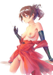 Rule 34 | 1girl, arm support, bare shoulders, bigrbear, black gloves, blue eyes, bracelet, breasts, brown hair, cigarette, cleft of venus, cropped legs, dress, earrings, elbow gloves, floating earrings, gloves, hair between eyes, highres, holding, holding cigarette, jewelry, labia piercing, leaning back, medium breasts, nipple piercing, nipples, no panties, off shoulder, original, piercing, pussy, pussy piercing, red dress, short hair, solo, uncensored, white background
