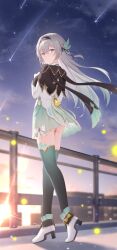 1girl absurdres ass black_jacket dawn doraski firefly_(honkai:_star_rail) from_behind full_body green_eyes green_skirt green_thighhighs highres honkai:_star_rail honkai_(series) jacket long_hair looking_back missing_commentary outdoors shirt shoes skirt solo standing star_(sky) sun thighhighs white_hair white_shirt white_shoes zettai_ryouiki