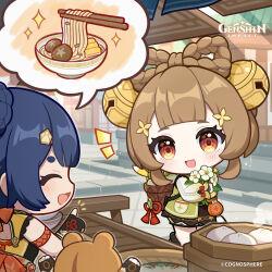 2girls absurdres back_cutout bell black_gloves blue_hair blunt_bangs blurry blurry_background braid brown_eyes brown_hair building chibi chopsticks closed_eyes clothing_cutout commentary copyright_name day dot_nose dress english_commentary fingerless_gloves flower food genshin_impact gloves guoba_(genshin_impact) hair_bell hair_ornament highres holding holding_flower long_sleeves looking_at_another multiple_girls noodles official_art open_mouth ramen short_eyebrows smile spoken_food standing steam steamed_bun steaming_food thick_eyebrows vision_(genshin_impact) white_flower xiangling_(genshin_impact) yaoyao_(genshin_impact) yuegui_(genshin_impact)