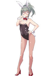 1girl animal_ears black_leotard bow bowtie breasts commentary_request detached_collar fuji_(pixiv24804665) full_body glasses green_hair high_heels highres kantai_collection leotard pantyhose playboy_bunny ponytail rabbit_ears rabbit_tail simple_background sketch small_breasts solo strapless strapless_leotard tail white_background wrist_cuffs yuubari_(kancolle)