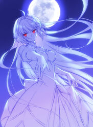 Rule 34 | 1girl, ahoge, archetype earth, arcueid brunestud, bare shoulders, breasts, cleavage, clothes pull, detached sleeves, dress, dress pull, elbow gloves, floating hair, full moon, gloves, large breasts, long hair, looking at viewer, moon, night, night sky, pointing, pointing at viewer, red eyes, sky, tori tori 39, tsukihime, tsukihime (remake), very long hair
