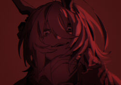 1girl absurdres agnes_tachyon_(umamusume) ahoge animal_ears chemical_structure earrings hair_between_eyes highres horse_ears horse_girl huge_ahoge jewelry looking_at_viewer medium_hair parted_lips red_background red_theme simple_background single_earring smile solo uma2_0429 umamusume