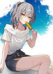 1girl alternate_hairstyle black_scrunchie black_skirt commentary_request food grey_hair hair_ornament hair_scrunchie highres holding holding_food holding_popsicle honkai:_star_rail honkai_(series) long_hair looking_at_viewer melting_popsicle pochimaru_(marumaru_wanwan) ponytail popsicle scrunchie short_sleeves sitting skirt solo stelle_(honkai:_star_rail) tongue tongue_out trailblazer_(honkai:_star_rail) trash_can_hair_ornament white_hair yellow_eyes