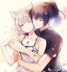 Rule 34 | 1boy, 1girl, animal ears, bare shoulders, black shirt, blue eyes, breasts, cat ears, cat girl, chest jewel, couple, grey hair, hetero, high ponytail, highres, hug, hug from behind, long hair, medium breasts, mio (xenoblade), noah (xenoblade), one eye closed, ponytail, shirt, short hair, spaghetti strap, tank top, ui frara, upper body, white background, white tank top, xenoblade chronicles (series), xenoblade chronicles 3, yellow eyes
