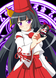 1girl black_background black_hair blush female_focus hakama hakama_skirt hat highres japanese_clothes kamen_rider kamen_rider_dcd long_hair looking_at_viewer miko purple_eyes red_hakama sister_quest sister_quest_iii skirt smile solo takappe tateha_(sister_quest) very_long_hair