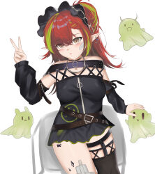 1girl absurdres arknights bandage_on_knee bandaid bandaid_on_cheek bandaid_on_face bare_shoulders black_bonnet black_choker black_dress black_thighhighs blush bonnet braid breasts brown_eyes choker commentary_request detached_sleeves dress earrings green_hair highres jewelry long_hair looking_at_viewer material_growth medium_breasts multicolored_hair open_mouth oripathy_lesion_(arknights) pointy_ears puppet_dancer_(arknights) red_hair simple_background single_thighhigh solo streaked_hair tecno_(arknights) thighhighs user_tln9665 v