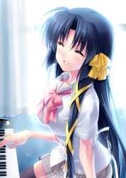 1girl ^_^ black_hair closed_eyes dress_shirt female_focus hair_ribbon instrument kurugaya_yuiko little_busters! long_hair parted_lips piano plaid_clothes plaid_skirt ribbon school_uniform shirt skirt smile solo thighhighs zen