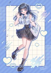 1girl :d bag black_hair black_shoes black_skirt black_socks blue_border blue_bow blue_eyes blue_hair blush border bow breasts commentary_request diagonal-striped_background egasumi frilled_skirt frilled_socks frills full_body gradient_hair grid_background hair_bow hands_up heart high_heels highres kohinata_hoshimi long_hair looking_at_viewer multicolored_hair open_mouth original puffy_short_sleeves puffy_sleeves shirt shoes short_sleeves skirt small_breasts smile socks solo standing standing_on_one_leg striped_background very_long_hair white_background white_shirt