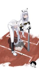 1girl absurdres baseball baseball_bat baseball_jersey baseball_uniform blanc_(nikke) blanc_(no._77_batter)_(nikke) danny_marx goddess_of_victory:_nikke highres holding holding_baseball_bat jersey official_alternate_costume one_eye_closed signature solo sportswear white_background white_hair yellow_eyes