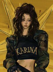 1girl aespa brown_hair closed_mouth commentary crop_top cropped_jacket earrings english_commentary highres hoop_earrings jacket jewelry k-pop karina_(aespa) looking_to_the_side medium_hair mole real_life solo sum_iiart upper_body