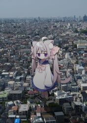 1girl ahoge animal_ear_fluff animal_ears black_shoes blue_sailor_collar blush bow bowtie brown_hair building cat_ears cat_girl cat_tail closed_mouth commentary dress full_body giant giantess hair_ribbon highres long_hair long_sleeves looking_at_viewer mixed_media nakkar original outdoors photo_background pink_bow pink_bowtie pink_ribbon purple_eyes ribbon sailor_collar sailor_dress shoes socks solo standing symbol-only_commentary tail twitter_username white_dress white_socks