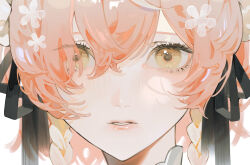 Rule 34 | 1girl, black ribbon, blonde hair, braid, close-up, expressionless, flower, hair between eyes, hair flower, hair ornament, hair over one eye, hair ribbon, highres, klara charmwood, looking at viewer, maid headdress, nijisanji, nijisanji en, open mouth, parai0, ribbon, short hair, side braids, sidelocks, solo, white flower, yellow eyes