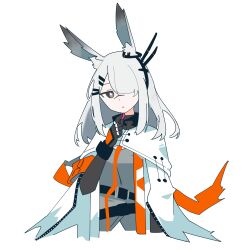 1girl :o absurdres animal_ears arknights armband black_eyes black_gloves bright_pupils commentary cropped_torso english_commentary engrish_commentary frostnova_(arknights) gloves grey_hair hair_ornament hair_over_one_eye hairclip hand_up highres jacket looking_at_viewer medium_hair myticalcat one_eye_covered orange_armband parted_lips reunion_logo_(arknights) scar scar_on_face scar_on_nose simple_background solo white_background white_jacket white_pupils