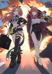 2girls amillion_(zenless_zone_zero) aru_(blue_archive) black_boots black_jacket black_ribbon black_shorts black_skirt black_thighhighs blue_archive boots briefcase brown_coat brown_shoes buttons closed_mouth coat coat_on_shoulders collared_shirt commentary_request cropped_jacket cutoffs demon_girl demon_horns doku-doku double-breasted dress_shirt explosion explosion_background floating_hair full_body fur-trimmed_coat fur_trim green_eyes gun h&amp;k_psg1 hair_ribbon hand_on_own_hip hand_up high-waist_skirt high_heels highres holding holding_briefcase holding_gun holding_weapon horns jacket legs long_hair micro_shorts midriff miniskirt multiple_girls navel nicole_demara open_clothes open_fly open_jacket pencil_skirt pink_hair ribbon rifle shirt shoes shorts single_thighhigh skirt smile sniper_rifle strapless teeth thighhighs torn_clothes torn_thighhighs tube_top twitter_username walking weapon white_shirt white_tube_top yellow_eyes zenless_zone_zero