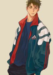 1boy adidas alternate_costume black_pants blue_shirt brown_eyes brown_hair closed_mouth collared_jacket commentary_request cowboy_shot frown haikyuu!! hand_in_pocket hk_smith_man jacket long_sleeves looking_to_the_side male_focus open_clothes open_jacket pants patterned_clothing shirt short_hair simple_background solo standing ushijima_wakatoshi