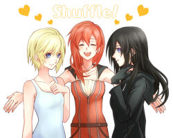 3girls alternate_hair_length alternate_hairstyle bare_shoulders belt black_coat black_coat_(kingdom_hearts) black_gloves black_hair blonde_hair blue_eyes brown_belt closed_eyes closed_mouth coat collarbone commentary_request dress freeworldend gloves hair_between_eyes heart hood hood_down hooded_coat hooded_jacket jacket jewelry kairi_(kingdom_hearts) kingdom_hearts kingdom_hearts_358/2_days kingdom_hearts_ii long_hair long_sleeves looking_at_viewer multiple_girls namine necklace open_mouth profile red_hair red_jacket short_hair simple_background sleeveless sleeveless_dress smile teeth upper_teeth_only very_long_hair white_background white_dress xion_(kingdom_hearts)