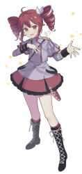 1girl ahoge akaneko016 boots commentary_request drill_hair full_body hair_ribbon hand_on_own_chest highres kasane_teto kasane_teto_(sv) lace-up_boots long_sleeves looking_at_viewer open_mouth red_eyes red_hair ribbon skirt smile socks solo star_(symbol) synthesizer_v twin_drills utau