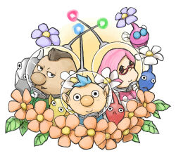 Rule 34 | 1girl, 2boys, alph (pikmin), big nose, black eyes, black skin, blue eyes, blue hair, blue pikmin, blue skin, brittany (pikmin), brown hair, buttons, charlie (pikmin), closed mouth, colored skin, commentary request, dark-skinned male, dark skin, everyone, facial hair, flower, flying, freckles, glasses, half-closed eyes, helmet, insect wings, leaf, looking at viewer, mohawk, multiple boys, mustache, naru (wish field), nintendo, no mouth, orange flower, pikmin (creature), pikmin (series), pikmin 3, pink hair, pink skin, pointy ears, pointy nose, purple flower, radio antenna, red-framed eyewear, red pikmin, red skin, rock, rock pikmin, short hair, simple background, smile, solid circle eyes, solid eyes, space helmet, spacesuit, straight-on, triangle mouth, triangular eyewear, upper body, very short hair, vignetting, whistle, white background, white flower, winged pikmin, wings, yellow pikmin, yellow skin