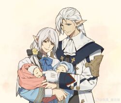 2boys 2girls absurdres aged_down alisaie_leveilleur alphinaud_leveilleur ameliance_leveilleur ascot baby blue_bow blue_bowtie blue_eyes bow bowtie brown_eyes carrying carrying_baby carrying_person elezen elf family final_fantasy final_fantasy_xiv fourchenault_leveilleur gloves hair_bow highres husband_and_wife long_hair mbomb multiple_boys multiple_girls pointy_ears simple_background smile upper_body watermark weibo_watermark white_ascot white_gloves white_hair yellow_background