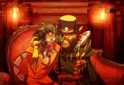 Rule 34 | 2boys, black hair, dark-skinned male, dark skin, demiurge (overlord), demon boy, demon tail, formal clothes, glasses, goat boy, goat horns, hair slicked back, horns, mashur00m, multiple boys, overlord (maruyama), pointy ears, red suit, sitting, suit, tail, ulbert alain odle