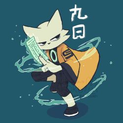 1boy artist_name black_bodysuit blue_background bodysuit cat_boy chinese_clothes closed_mouth commentary furry furry_male half-closed_eyes highres looking_to_the_side male_focus nine_sols oru_(0ruru_0ru95) simple_background solo standing standing_on_one_leg talisman twitter_username watermark yi_(nine_sols)