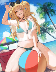 1girl adjusting_eyewear ball beach_umbrella beachball bikini blonde_hair breasts commentary_request covered_navel criss-cross_halter green_bikini halterneck highres honkai_(series) honkai_impact_3rd kneeling large_breasts ocean open_mouth outdoors palm_tree red_nails sand_bucket see-through_clothes see-through_shirt shirt smile solo songque sunglasses swimsuit teeth tree two_side_up umbrella vierzeck yellow_eyes