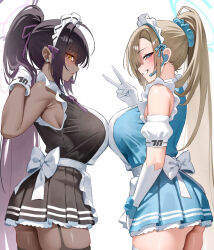 2girls alternate_costume alternate_hairstyle armpit_crease ass asuna_(blue_archive) bare_shoulders black_dress black_hair blue_archive blue_bow blue_dress blue_eyes blue_halo blue_scrunchie blush bow breast_press breasts brown_hair closed_mouth commentary_request dark-skinned_female dark_skin detached_sleeves dress duplicate earpiece elbow_gloves frilled_dress frills from_side gloves hair_ornament hair_scrunchie halo highres karin_(blue_archive) kono_(xerondan321) large_breasts long_hair looking_at_viewer maid_headdress multiple_girls ponytail purple_halo scrunchie simple_background sleeveless sleeveless_dress smile symmetrical_docking thighs v very_long_hair waist_bow white_background white_gloves white_headdress yellow_eyes