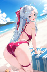 Rule 34 | 1girl, 4ddd, ahoge, all fours, armlet, ass, bare arms, beach, blue sky, blurry, blurry background, bow, bracelet, carlotta (wuthering waves), casual one-piece swimsuit, cloud, day, dutch angle, flower, green eyes, hair bow, hair flower, hair intakes, hair ornament, head wreath, highres, jewelry, long hair, looking at viewer, looking back, ocean, one-piece swimsuit, outdoors, red bow, red one-piece swimsuit, skindentation, sky, solo, striped bow, summer, swimsuit, thigh strap, very long hair, white flower, white hair, wuthering waves