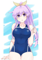 bare_shoulders breasts cloud dripping highres long_hair medium_breasts nepgear neptune_(series) nervous open_mouth paid_reward_available ponytail purple_eyes purple_hair ribbon sky soaked swimsuit thighs very_long_hair wet wet_clothes wet_swimsuit zatsu