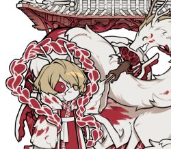 Rule 34 | 1boy, architecture, arm up, blonde hair, blood, chinese clothes, coat, dragon, dragon wings, east asian architecture, eastern dragon, eastern dragon horns, frog, hagoromo, hanfu, horns, limbus company, pout, project moon, red hanfu, shawl, simple background, sinclair (project moon), skewer, solo, tears of the tarnished blood (e.g.o), white background, white coat, white horns, wings, yellow eyes, yinglong (project moon), zeremi0102