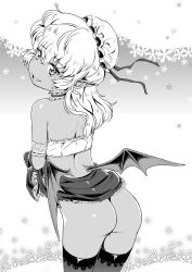 Rule 34 | 1girl, ass, bad id, bad twitter id, bat wings, bun cover, choker, dark-skinned female, dark skin, demon girl, female focus, greyscale, hair bun, hat, highres, looking back, low wings, monochrome, original, pointy ears, single hair bun, smile, solo, takahashi note, thighhighs, wings
