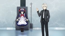 Rule 34 | 1boy, 1girl, alternate costume, apron, belt, black belt, black eyes, black jacket, black pantyhose, black shirt, black suit, closed eyes, closed mouth, date a live, date a live: spirit pledge, formal clothes, game cg, hair between eyes, hand in pocket, highres, indoors, jacket, long hair, long sleeves, maid, maid apron, maid headdress, necktie, official art, open clothes, open jacket, pants, pantyhose, puffy short sleeves, puffy sleeves, shirt, short hair, short sleeves, sir isaac ray peram westcott, sitting on throne, smile, standing, suit, third-party source, v-shaped eyebrows, white hair, white necktie, wire, yatogami tohka
