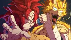 Rule 34 | 1boy, absurdres, alternate form, claws, clenched hand, collarbone, dragon, dragon ball, dragon ball daima, eastern dragon, fighting stance, glowing, glowing eyes, gold scales, highres, horang4628, horns, long hair, looking at viewer, monkey tail, muscular, muscular male, open mouth, orange eyes, orange pants, pants, pink fur, red hair, scales, scratches, shenron (dragon ball), son goku, super saiyan, super saiyan 4, tail, tongue, topless male, v-shaped eyebrows, whiskers, wristband, yellow fur