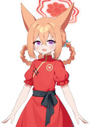 1girl absurdres animal_ears artist_name blue_archive braid braided_hair_rings brown_hair china_dress chinese_clothes crossed_bangs dress fang fox_ears fox_girl gevuxx hair_between_eyes hair_rings halo highres looking_at_viewer official_alternate_costume official_alternate_hairstyle open_mouth purple_eyes red_dress red_halo rumi_(blue_archive) rumi_(small)_(blue_archive) short_sleeves sitting skin_fang solo standing sweatdrop toes white_background