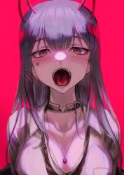 1girl absurdres akuma_nihmune akuma_nihmune_(1st_costume) breasts choker cleavage commission demon_girl demon_horns ear_piercing earrings heart highres horns indie_virtual_youtuber jewelry leash loose_clothes loose_necktie loose_shirt necklace necktie open_mouth piercing pink_background purple_hair red_eyes rin_(rin7kan7) second-party_source sharp_teeth shirt teeth tongue virtual_youtuber