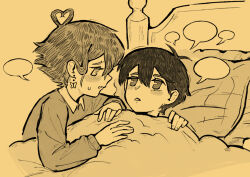 2boys alternate_costume antenna_hair basil_(faraway)_(omori) basil_(omori) blank_speech_bubble butterfly_earrings collared_shirt earrings greyscale head_on_pillow heart_antenna_hair highres jewelry long_sleeves looking_at_another male_focus monochrome multiple_boys omori on_bed open_mouth pillow shirt shirt_under_sweater short_hair speech_bubble sunny_(omori) sweater ullilya1 under_covers